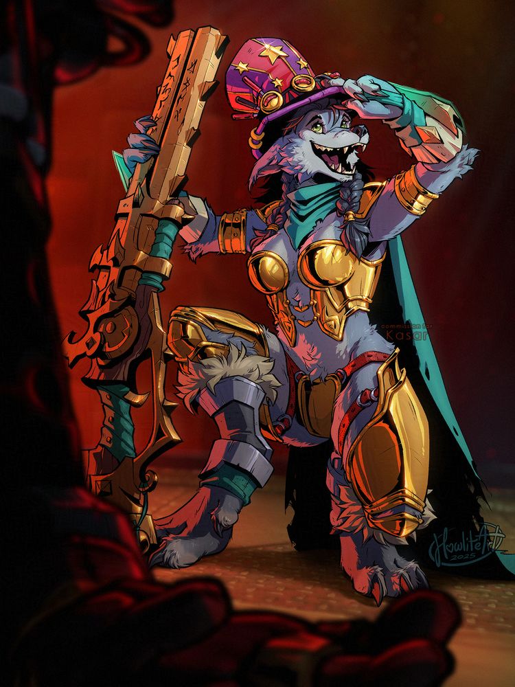 Digital art of a female worgen in golden armor crouched near the wreckage of a downed boss. She is cheerfully placing a gaudy red and purple striped hat on her head, adorned with gold buttons and stars. Her other arm is resting against a large fantasy-style rifle that she is leaning against.
