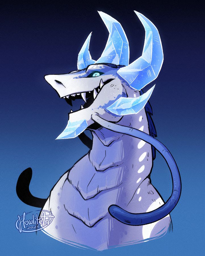 Digital art of a bust portrait of a white dragon with a shark-like snout, long blue-tipped chin tendrils, and multiple blue crystal horns sprouting from their head.