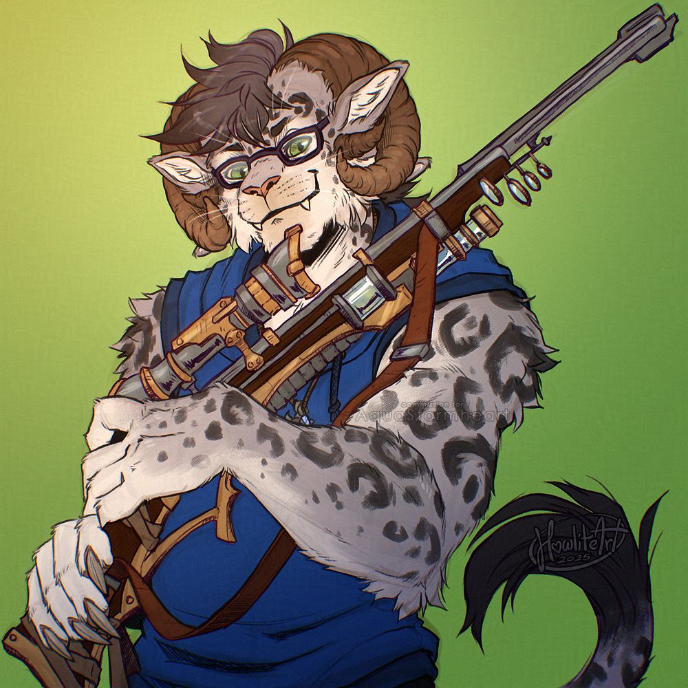 Digital art sketch of a male snow leopard-patterned Charr with curled ram's horns, dressed in a sleeveless blue hoodie and holding an ornate rifle cradled in both hands. He is smirking at the viewer.