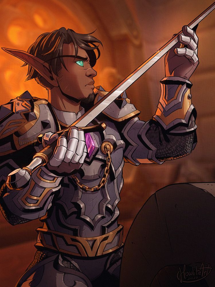 Digital art of a male blood elf with dark skin and black hair in an undercut, dressed in silver armor. He is seated in front of a large grinding stone, seen waist-up, in front of a glowing forge. He is holding a simple sword up with both hands, scrutinizing the blade for quality.