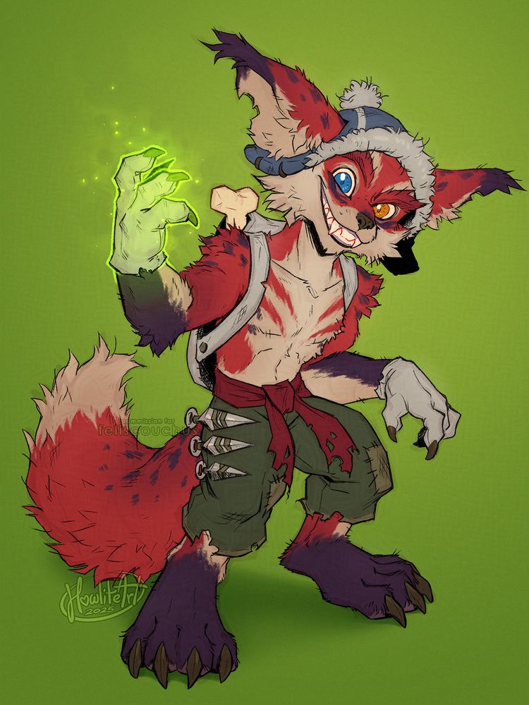 Digital art of a male reddish vulpera dressed in tattered clothing and a fur-lined hat. His fur is rough and scraggly looking and he is slightly hunched over, looking at the viewer with a manic expression, lime green magic smouldering on his raised hand.