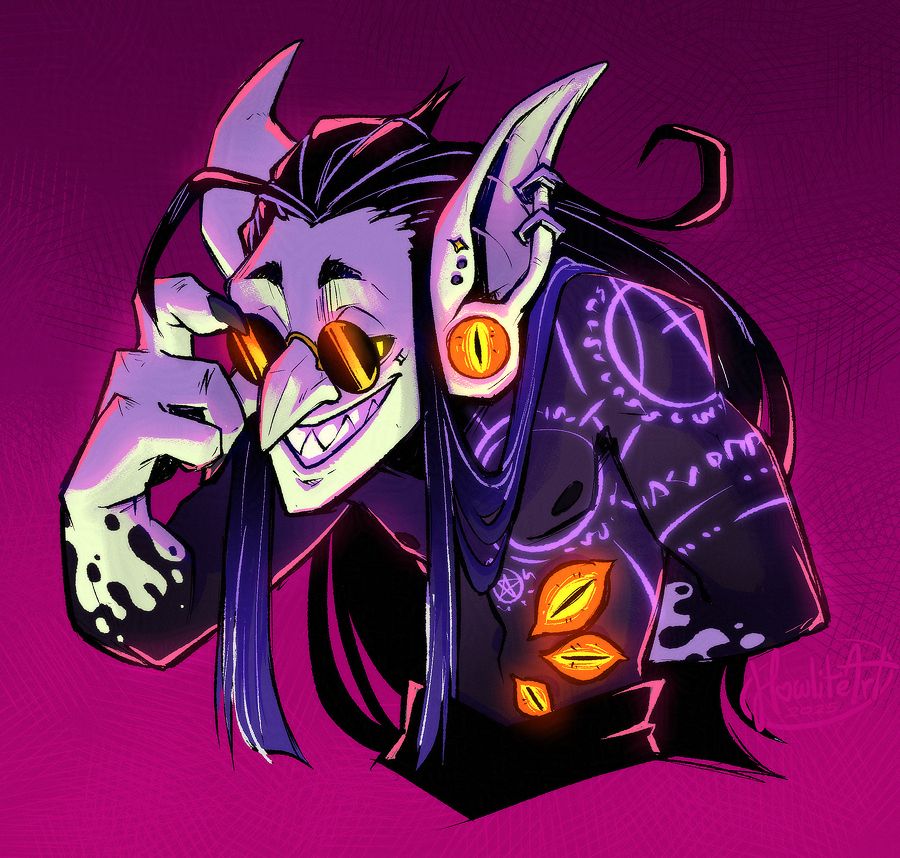 Digital art of a male goblin sseen from the waist up. He is hunched over, tilting his round-lensed black glasses down to peek at the viewer, grinning. His body is covered in blackness with glowing purple runes and orange eyeballs with slit pupils on his stomach and earlobe.