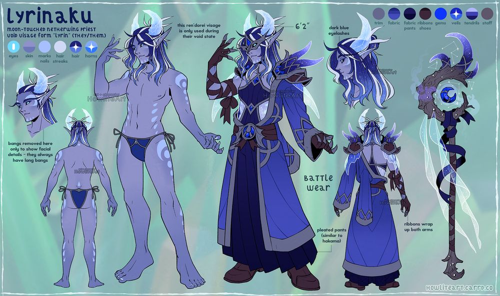 Character refsheet of a void elf visage form of the netherwing dragon Lyrinaku ('Lyrin' here, they/them). They have periwinkle blue skin, icy crystal horns, and pale blue moon and drop markings on their sides. Long starry blue hair with white streaks, tied up in a half-bun. They are shown in undergarments and in a blue robe with one sleeve off the shoulder, revealing a ribbon-wrapped arm. Navy blue hakama pants cover their legs. Their staff is also shown, a twisted wooden arch and matching fabrics adorning it.