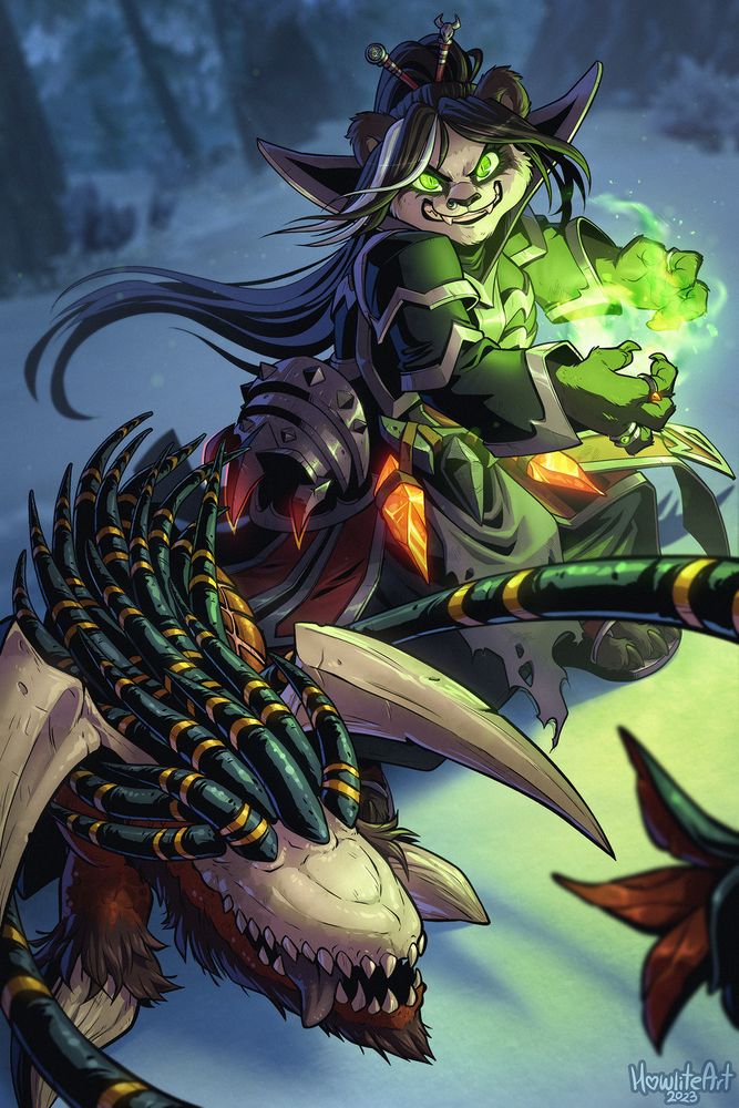 Digital art of a Pandaren warlock with her felhunter demon summon in front of her. She has a sinister grin on her face, and is slightly hunched over, casting a ball of green fire between her hands. The felhunter has its mouth open, tongue slightly lolling out, reaching towards the viewer with its feelers.