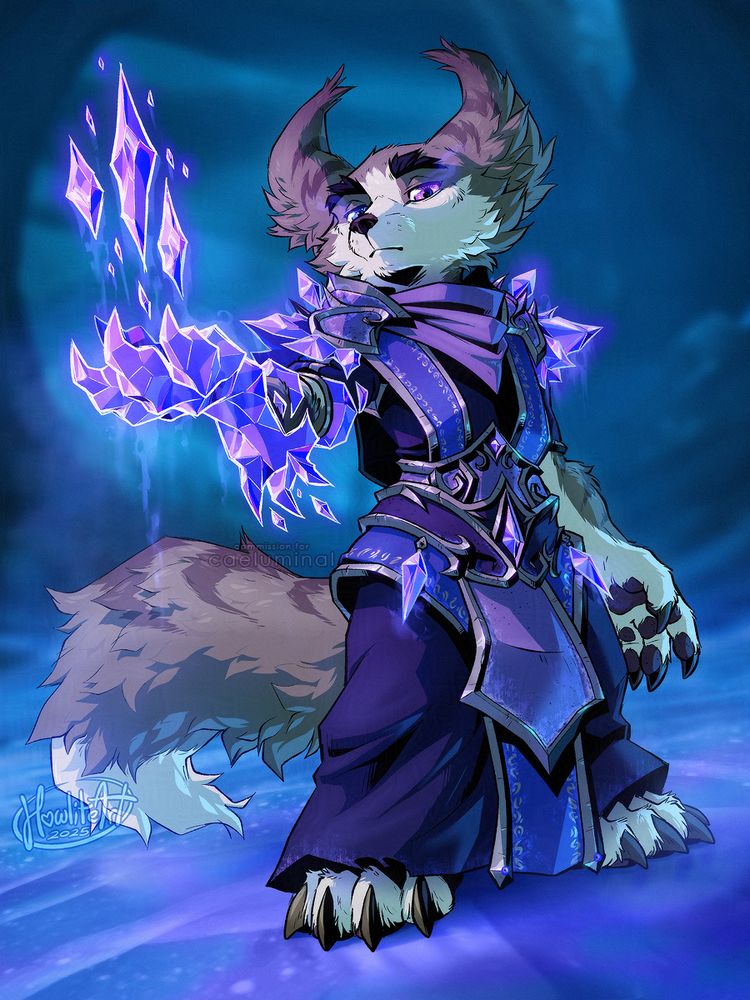 Digital art of a male vulpera (fox anthro) in purple robes trimmed with silver, seen from a low angle. He is looking down at the viewer with a cold, distant expression, one ice-encased arm raised with shadowy ice crystals floating above his palm.