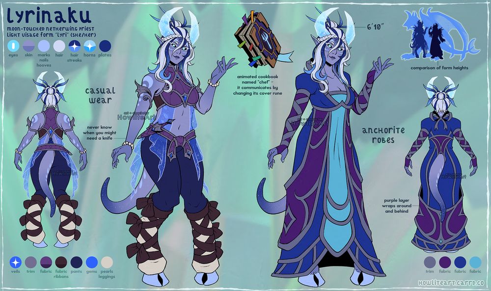 Character refsheet of a draenei visage form of the netherwing dragon Lyrinaku ('Lyri' here, she/her). This ref shows alternate outfits for her. A casual one with a halter-necked crop top, pants, and big floppy bows wrapped over a pair of legwarmers. And a set of basic blue and purple robes, trimmed with silver. Her companion, an animated cookbook named Chef, is also shown, as well as a small size comparison between her dragon and visage forms.