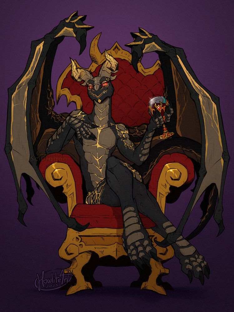 Digital art of a female anthro black dragon, lounging on a golden throne with plush red cushions. Her legs are crossed, wings tucked, an opulent glass of red wine in one lifted hand. She is looking down at the viewer with a smug expression.