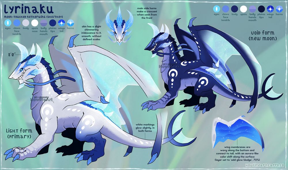 Character refsheet of a moon-touched netherwing dragon named Lyrinaku (she/they). Her primary reference is white and blue with transparent, iridescent, fin-like wings and tail. Multiple blue crystal horns sprout from her head in crescent shapes, and white moon and drop markings adorn her limbs. There is also a smaller image of an alternate, dark blue colour version of them.