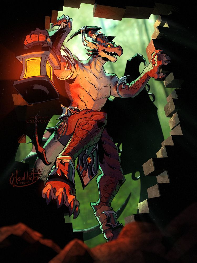 Digital art of a dracthyr (dragon anthro) warily entering a broken-open brick wall ruin, seen from a low angle inside said ruin, the bricks framing them and the forest behind. One foot and one hand are up against the edge of the wall, preparing to step in, while their free hand holds up a lantern that bathes them in an orange glow.