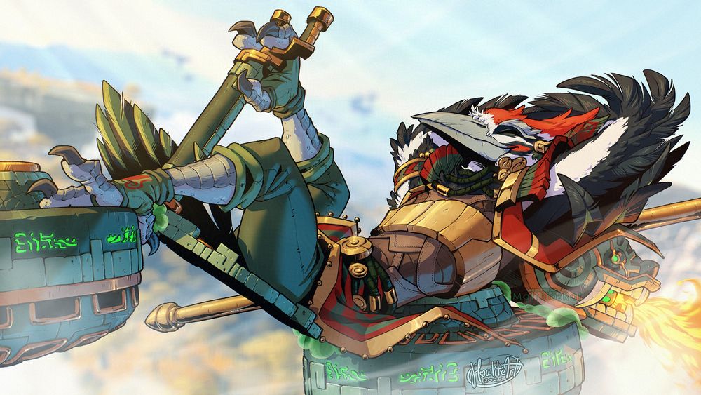 Digital art of a woodpecker Rito (anthro bird) reclining on a flying bike made of ancient Zonai technology, powered by a flaming statue head at the back which he is leaning against. He looks content and very pleased with himself, his wing-arms folded behind his head and one foot lifted onto the handlebars, steering the vehicle. A distant landscape is visible in the background.