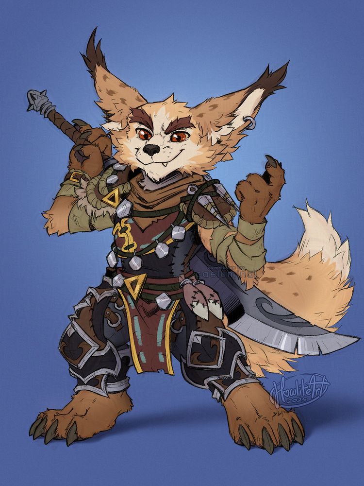 Digital art of a sandy-brown male Vulpera dressed in a mix of their heritage outfit and plated armor on his legs. He is smirking at the viewer, one hand lifted in a beckoning motion, the other reaching back to grasp the hilt of the large sword strapped to his back.