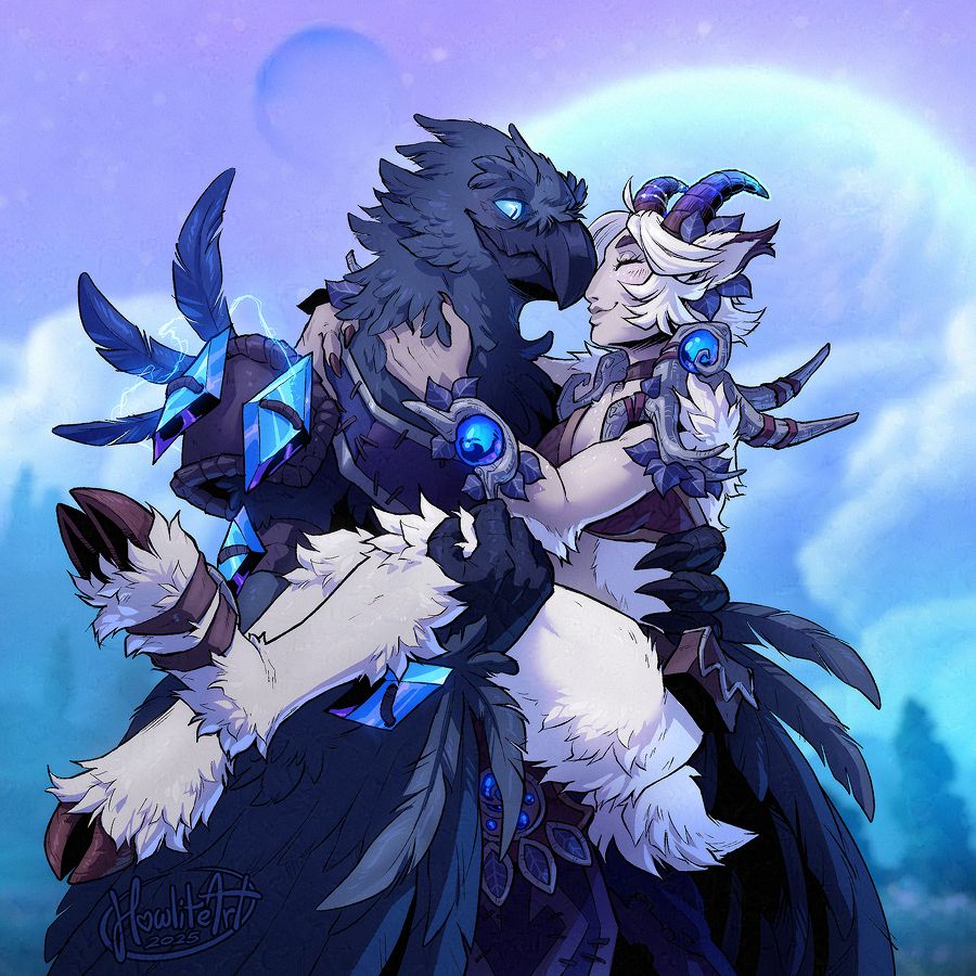 Digital art of an anthro raven and white-furred satyr couple (Warcraft arakkoa and sylvar). The arakkoa is carrying the sylvar in his arms, her hands wrapped around his neck. They are gently touching nose and beak together.