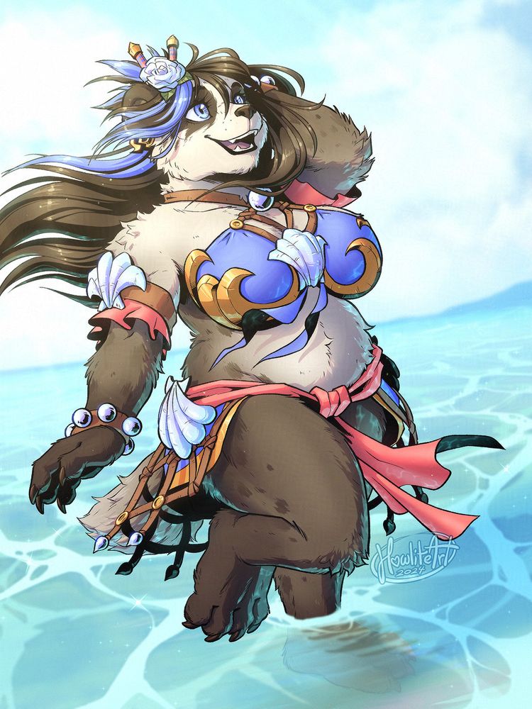 Digital art of a female pandaren in a blue, gold, and pink bikini, standing on one leg in shallow tropical water. She has a smile on her face, one arm raised to her head, while her blue-streaked black hair blows in the breeze. It is a bright and sunny day.
