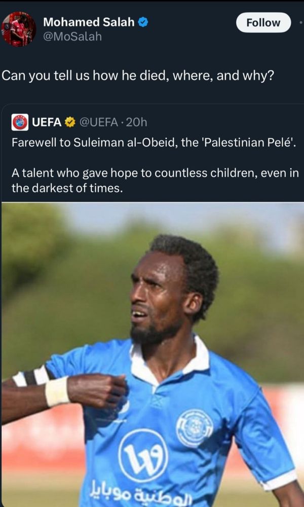 A photograph of Suleiman al-Obeid, former captain of the Pakestinian national football team, killed by the IDF as he was queuing for food.