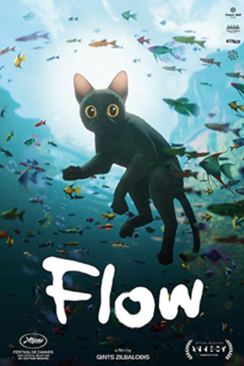 Theatrocal poster for the Oscar-winning animation film 'Flow', showing the film's protagonist - the cat with no name - swimming surrounded by fish.