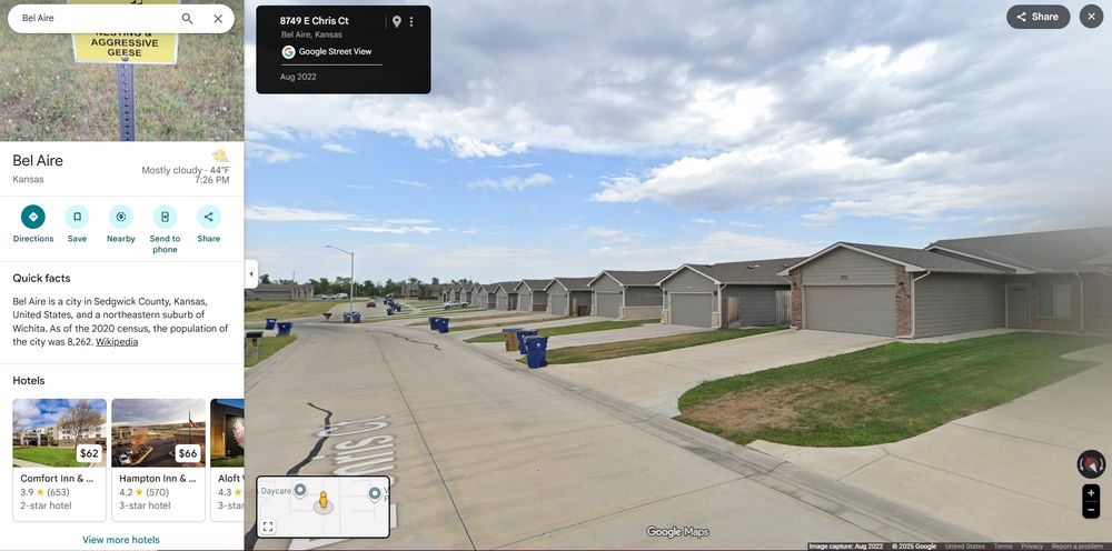 A screenshot of Bel Aire, KS where there is a row of completely identical houses.