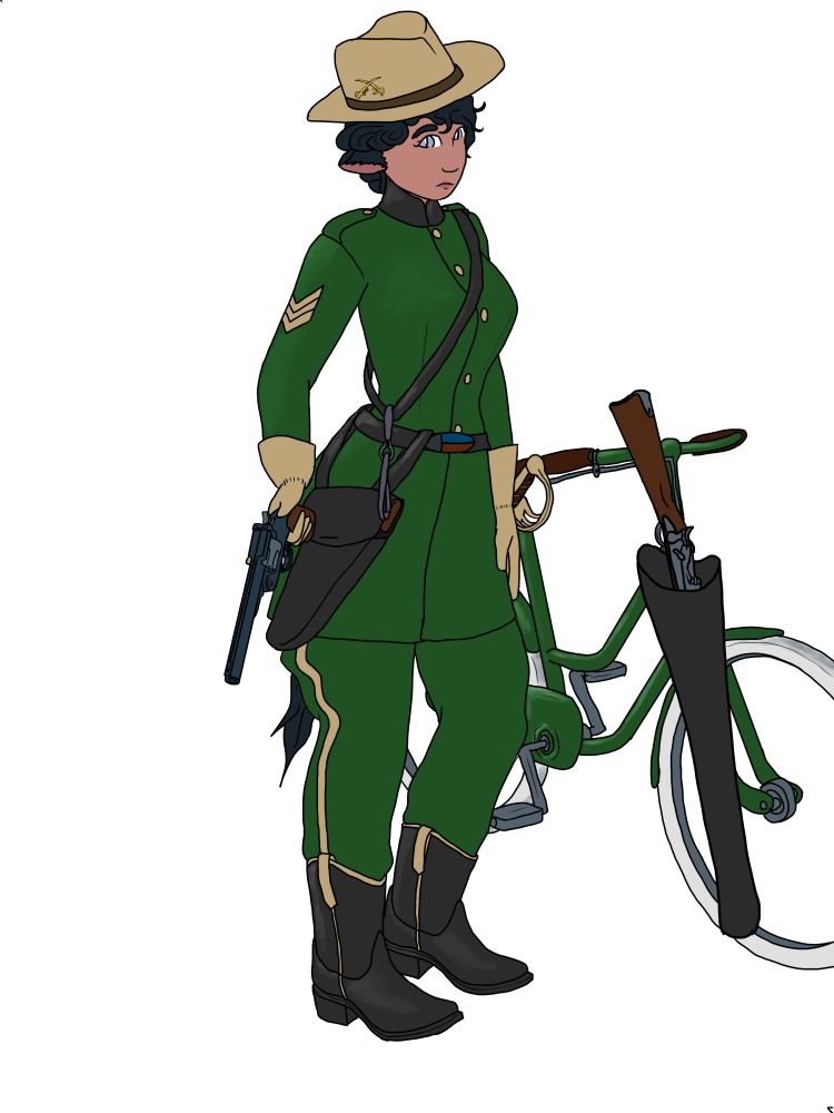 A chunish woman in a green cavalry uniform, standing next to a green bicycle.
