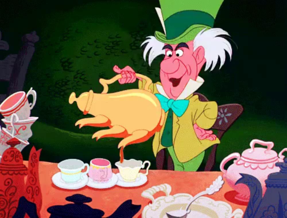 the mad hatter from alice in wonderland is pouring tea into a cup