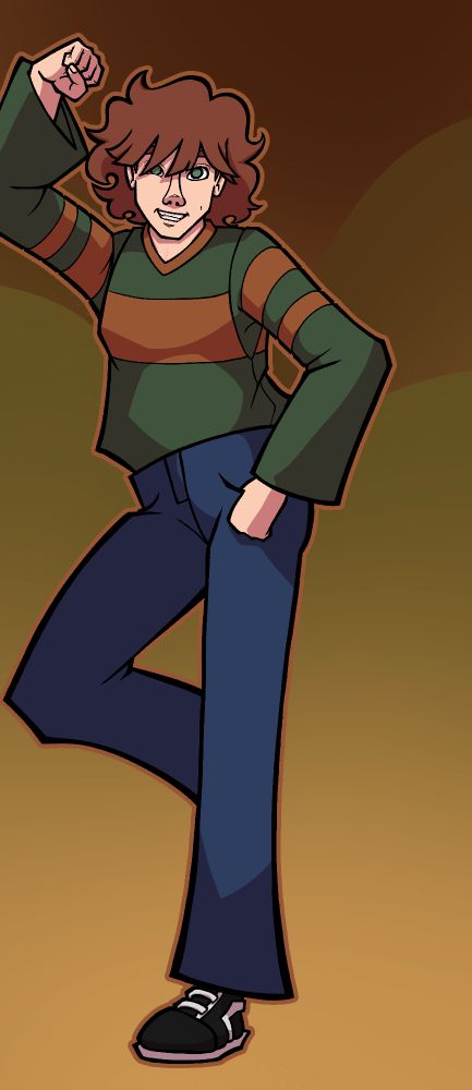 A young man with brown poofy hair and a goofy smile. He's wearing a green and orange sweater with jeans and black and white sneakers. He's leaning on the edge of the picture. The background is brown with greens and yellows.