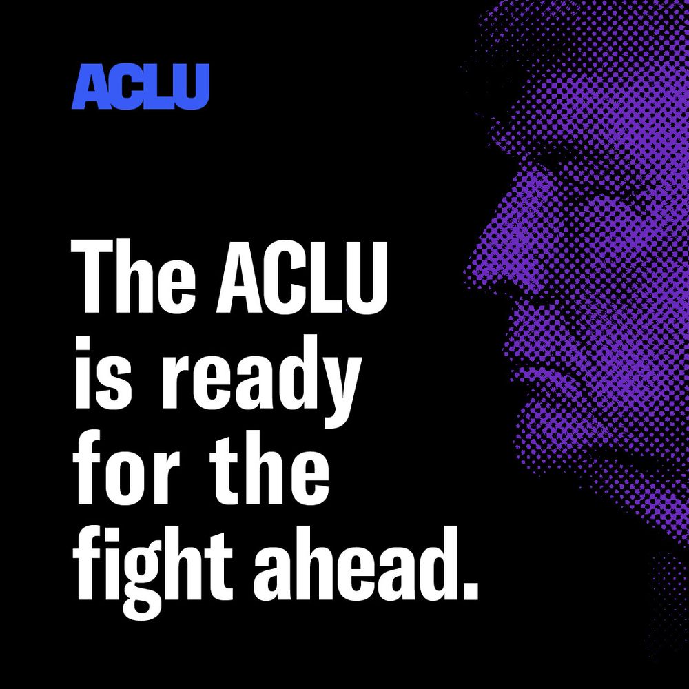 A black graphic with text "The ACLU is ready for the fight ahead." On the right side is a purple-tone photo of Donald Trump's profile. A blue ACLU logo is in the top right.