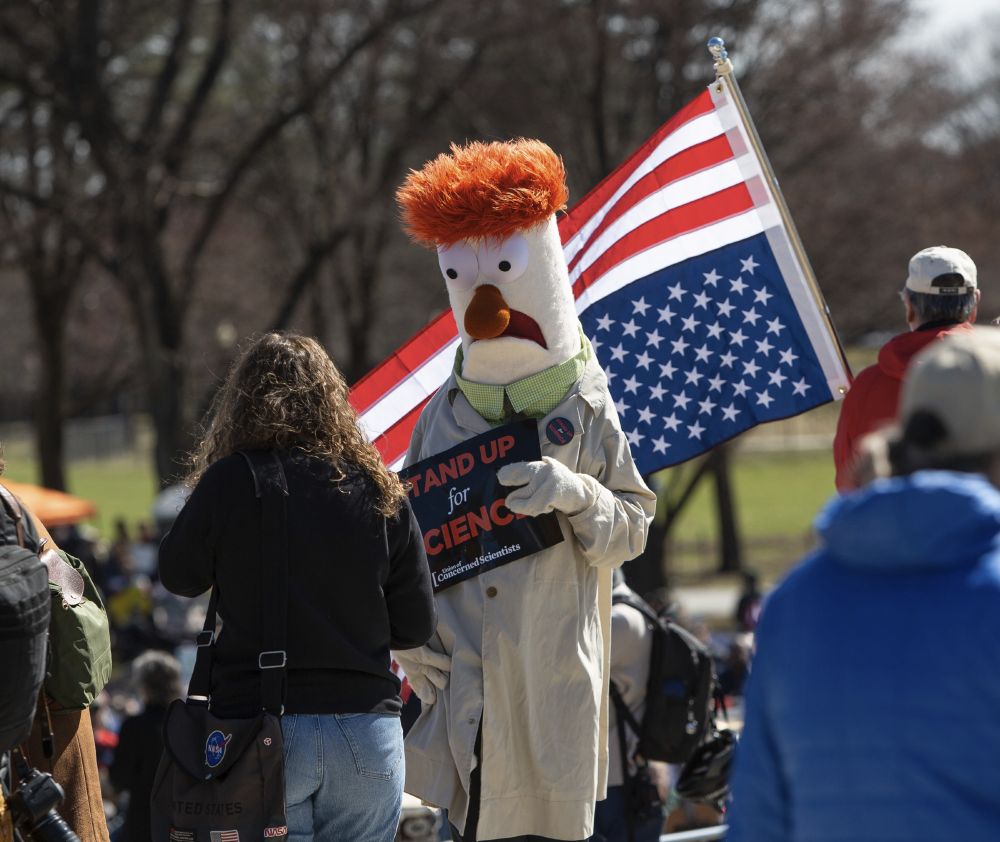 Person in Beaker muppet suit holding up a Stand Up for Science sign.