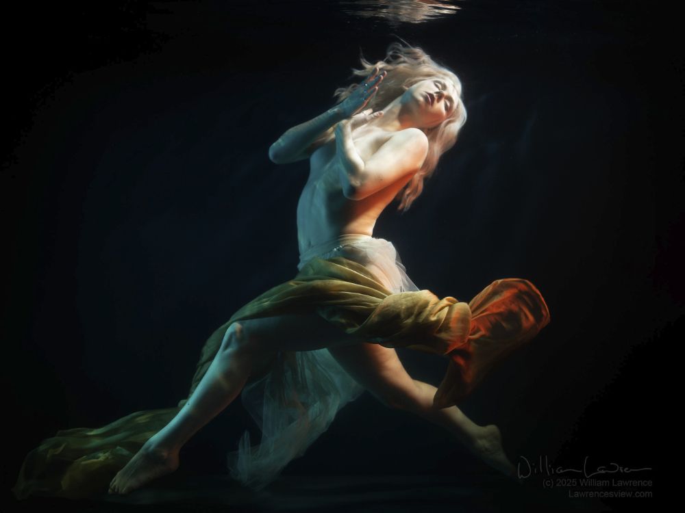 Model Halo Haynes poses nude underwater wearing a sheer skirt and surrounded by fabric. She is suspended in the water in a dancer's pose, with her reflection just visible at the top of the photo.