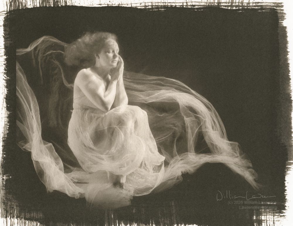 Model Ivory Flame poses in a semi-sheer dress, surrounded by sheer fabric in a 10,000L tank of water. She is in a close to fetal position, with her hands clasped near her face. Title from her looking like she is sinking underwater (which in fact, she is), with the fabric forming a large flower.