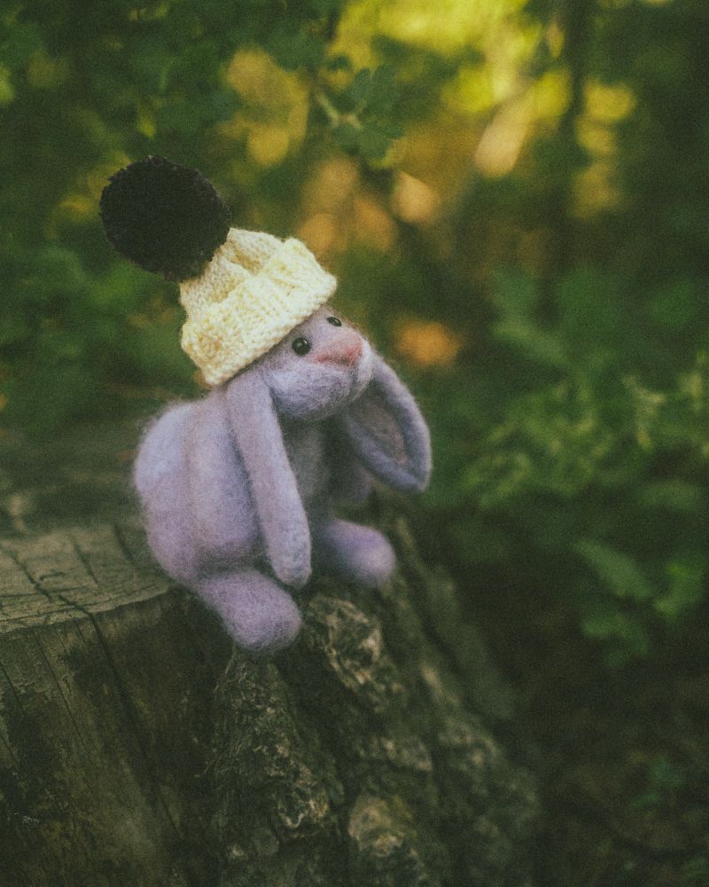 photo of a needle felted bunny sitting on a tree stump in soft dappled lighting. his fur is lilac colored and he has little black eyes. he's wearing a tiny crocheted hat.