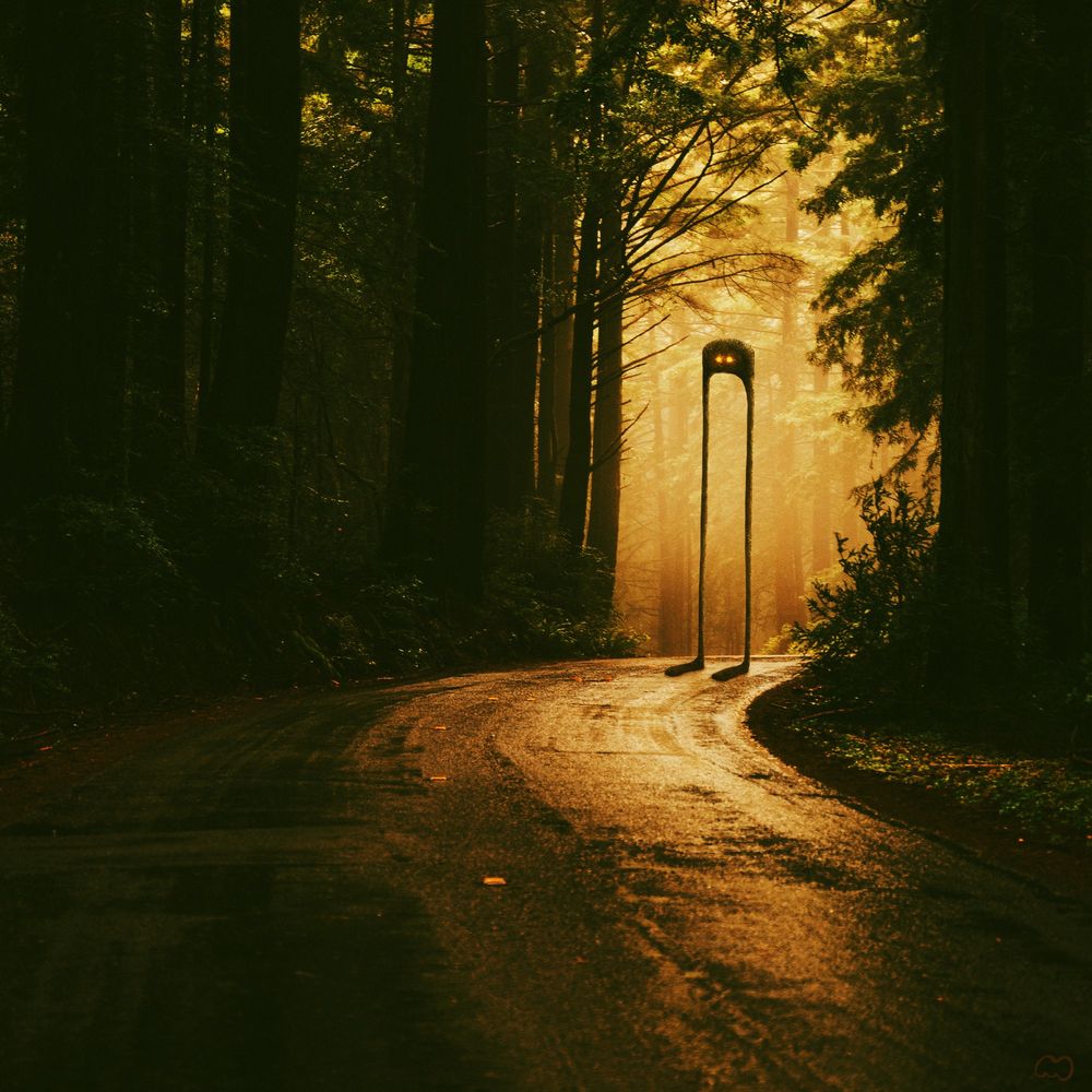 
photomontage (drawing over a photo). a tall, alien creature with lanky legs and a very short torso doubling as a head, stands in the middle of a curved, wet road in a dark, foggy forest. she is backlit by a golden light, her body matches the colors of the forest. her eyes emit a warm, orange glow. 
