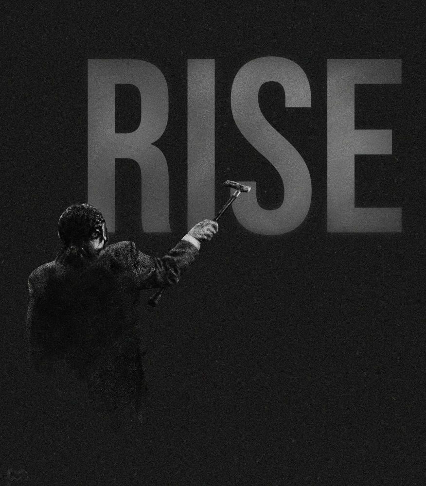 black and white, grainy digital illustration of congressman Al Green, his back towards the viewer, raising his cane towards the word "RISE" written in large letters. the image references his act of defiance against Donald Trump's administration during the presidential address to congress on March 4th 2025. during Trump's speech, Al Green got up and exclaimed "You have no mandate to cut Medicaid!" for which he was expelled from the gathering. The next day, House voted to censure Al Green for his act of defiance.

The illustration is based on a photograph by Win McNamee for AP News.