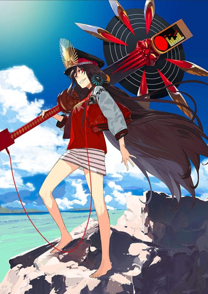 A long-haired brunette in red jacket with white sleeves and dress-length striped shirt, standing barefoot on rocks in front of the sea. Over her shoulder she has a massive electric guitar, the body in a circular shape with 6 spikes around the outside and a skull decoration in the center. (FGO Oda Nobunaga Berserker)