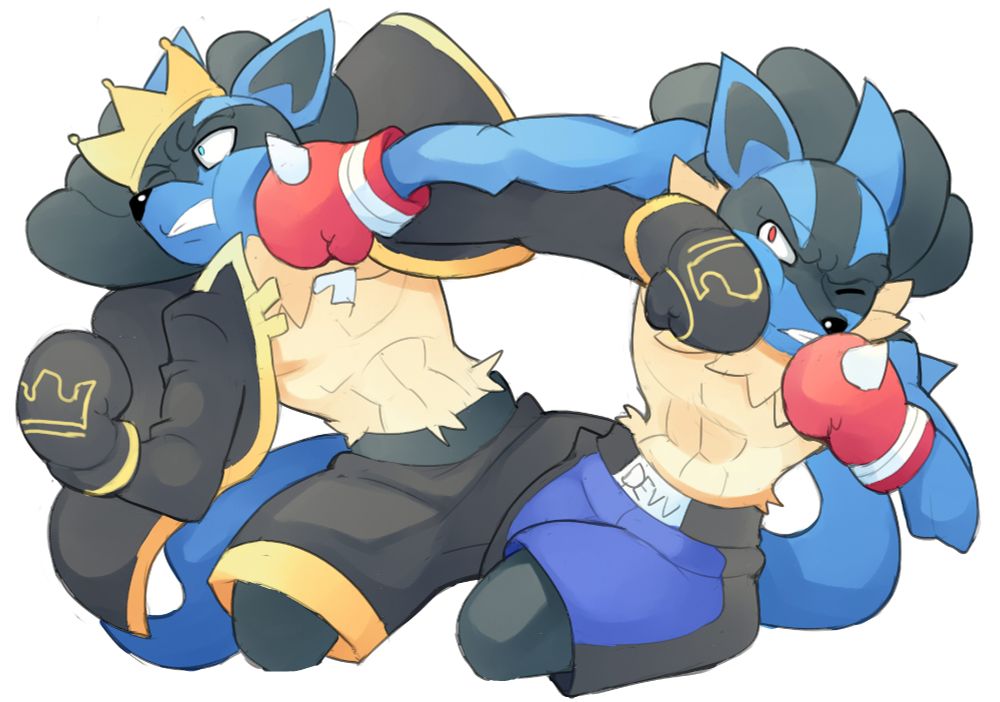 Two lucarios in boxing gear throwing cross counters.