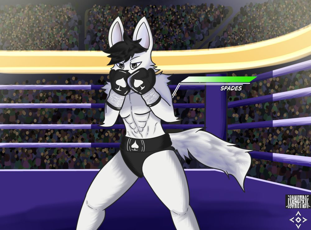 Drawing of a white wolf with black hair in boxing gear. Background consists of a blue ring and a crowd sitting in stadium seats. Health bar is shown in the image.