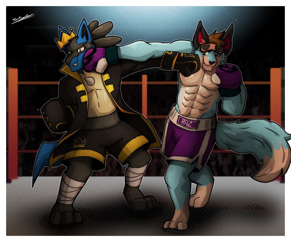 Drawing of two furries boxing in the ring, one a Lucario and the other a blue wolf. Both are throwing cross punches, as the Lucario is receiving it twice as strong.