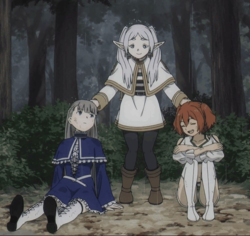 a group of anime characters are standing and sitting in a forest