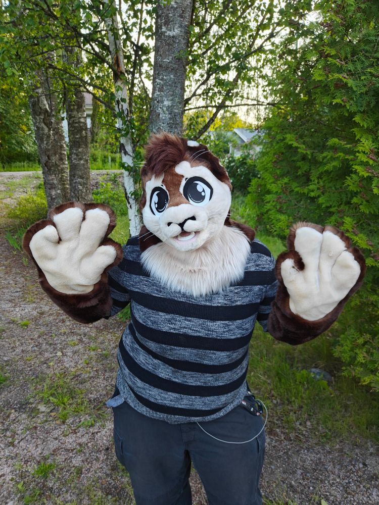 Seal fursuit partial with hand flippers up facing the camera, looking cheerful 