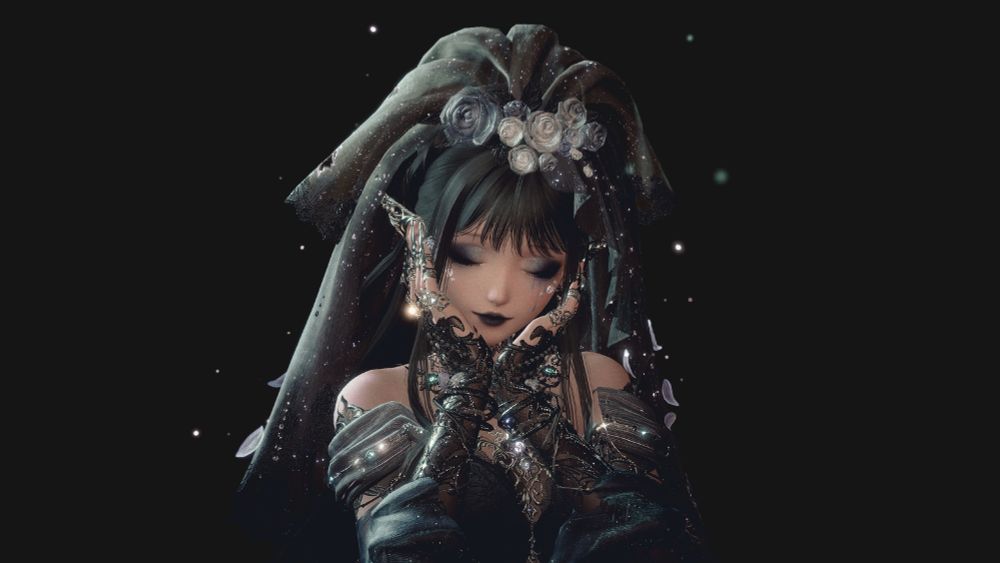 Infinity Nikki screenshot of Nikki in a black ghostly bride outfit. Close up with details of the makeup and elf ears.