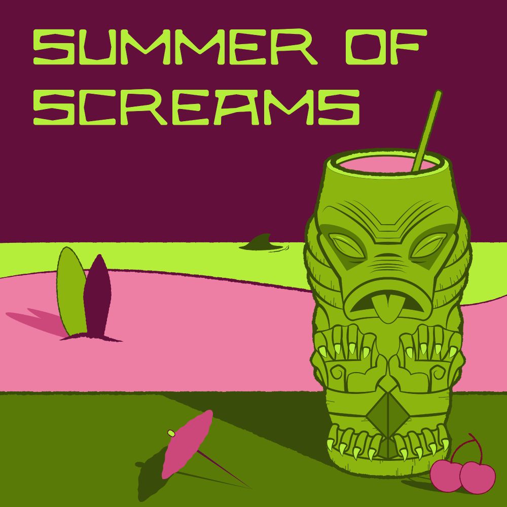 Vector illustration of a Creature from the Black Lagoon tiki mug with a paper umbrella and cherries on a table in front of a beach with surf boards and a shark. The words Summer of Screams are at the top in a funky, mid-century font.