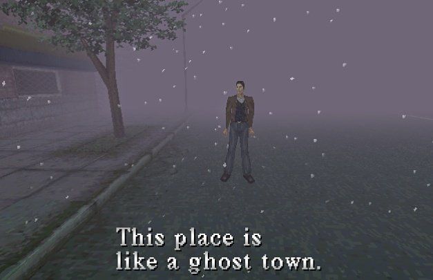 Silent Hill screenshot with caption that says "This place is like a ghost town".