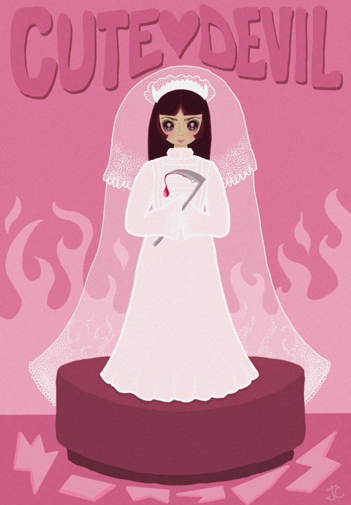 A 1960s Shoujo manga style illustration in shades of pink. It depicts a young girl with furrowed brow and devious stare, smirking slightly. She is dressed in a white 70's dress with lace details at the neck and veil that looks like devil horns. She is on a music box stand like a small doll and is holding a small sickle dripping with shiny pink blood. Flames dip up from the background, which are echoed in the embroidery of the veil. The table around the doll is covered in shards of broken glass and mirror fragments.