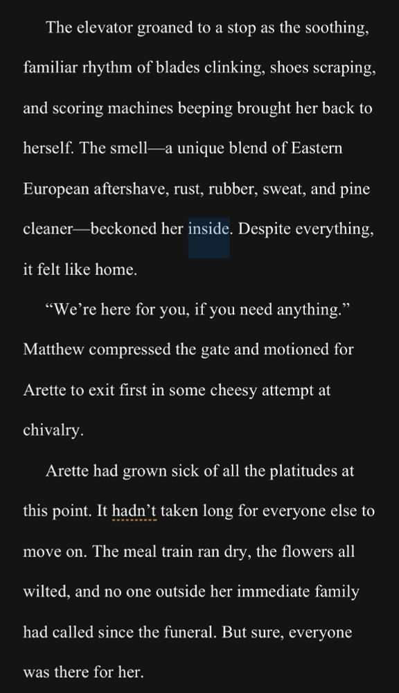 The elevator groaned to a stop as the soothing, familiar rhythm of blades clinking, shoes scraping, and scoring machines beeping brought her back to herself. The smell—a unique blend of Eastern European aftershave, rust, rubber, sweat, and pine cleaner—beckoned her inside. Despite everything, it felt like home.
“We’re here for you, if you need anything.” Matthew compressed the gate and motioned for Arette to exit first in some cheesy attempt at chivalry.
Arette had grown sick of all the platitudes at this point. It hadn’t taken long for everyone else to move on. The meal train ran dry, the flowers all wilted, and no one outside her immediate family had called since the funeral. But sure, everyone was there for her.
