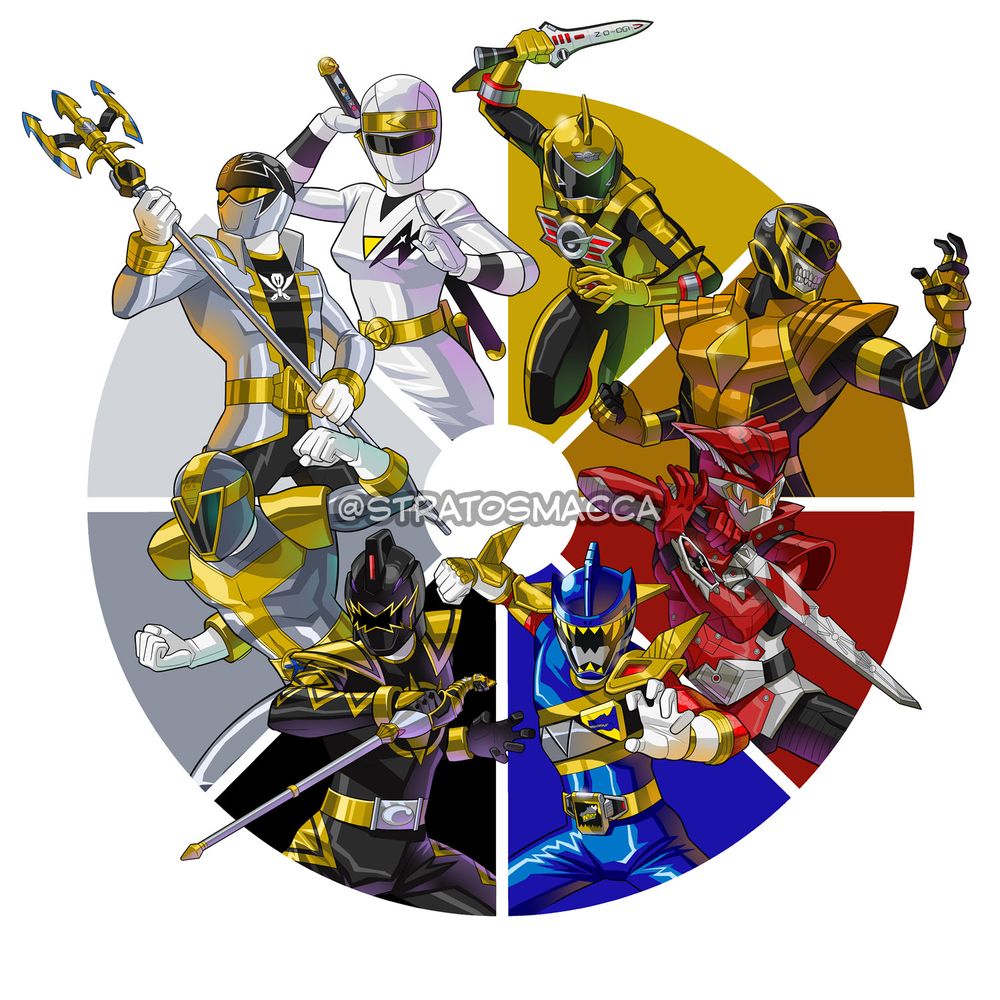The second of my Power Rangers color wheels, featuring Delphine (White), Gem (Gold), Death Ranger (Dark Gold), Blaze (Crimson), Heckyl (Navy), Tommy (Black), Ryan (Gray), and Orion (Silver).