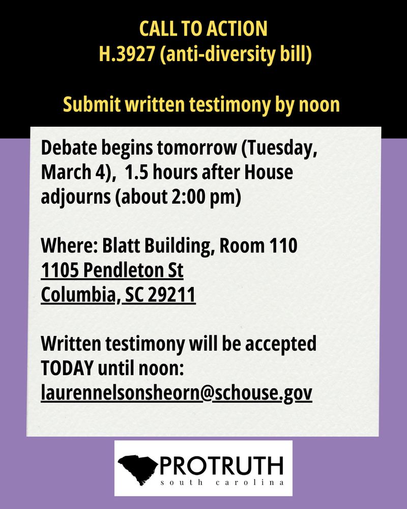 A flyer from ProTruth with black and yellow text on a purple, black and white background. All text appears in the accompanying thread. 