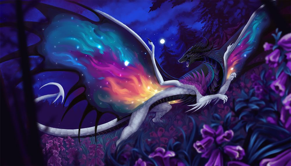 Digital painting of Poppy the dragon prancing through some purple flowers at night in the middle of the night. Their wing is space themed. 