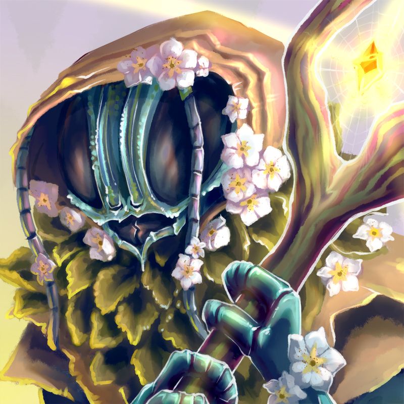 Chrisid the thri kreen bug race. Covered in flowers, leaves with a staff 