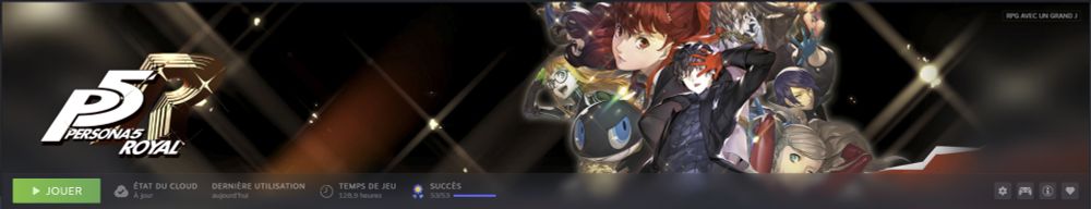 Image de Persona 5 Royal issu de ma bibliothèque Steam, où sont affichés mes heures de jeu (120h) et - non sans une petite fierté - l'acquisition de tous les succès. 