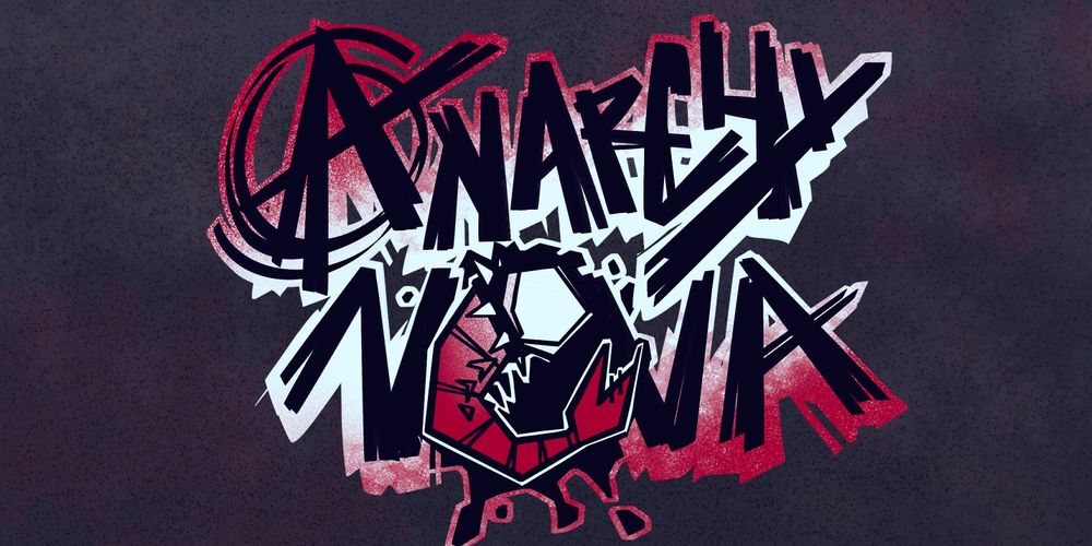 Pictured is a logo illustrated by bugslap. The logo features the phrase "ANARCHY NOVA" in a scratchy graffiti font. The "A" in "Anarchy" is enclosed in a circle. The "O" in "NOVA" is a shrimp wearing a spiky punk collar, akin to the "Shrimpet" in Splatoon 3.