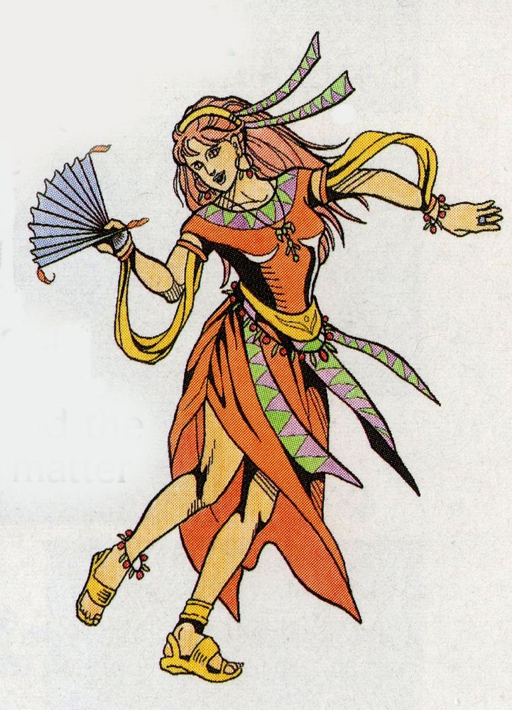 Scan art of Manya from Dragon Quest IV.  The art is from the region exclusive instruction booklet of the US NES version of Dragon Quest IV which was called Dragon Warrior IV at the time.  The character is dress in a orange dress and wielding a fan.