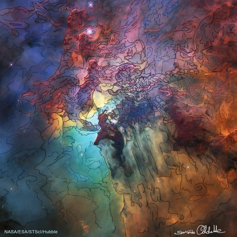 A published picture of the Lagoon Nebula from space taken by NASA's Hubble telescope in 2022 - A bored Person added really, really bad - (because her graphic tablet was broken) - doodle outlines of impressions and shapes around the color clouds of the Nebula's spectrum for art meditation. The added outlines picture smaller drawings within these colorful clouds like figures, faces, hooded people, hands, animals like dogs and bears, and mystical creatures like dragon-&-heads with no order and sometimes merged within placements. Also, fishes and marine life are visible. On the bottom left is the credit of NASA/Hubble to the original picture of the Nebula. A 'scribbled by Oddette' on the bottom right in digital handwritten.