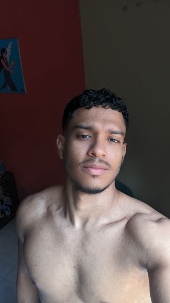 Uma selfie minha, homem pardo, com olhos castanhos, cabelos cacheados aparados, barba por fazer e sem camisa. Ao fundo, uma parede pintada de vermelho e amarelo com um quadro pendurado.